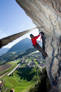 Steinwand-Klettersteig bei Arzl, Pitztal, Tirol, Oesterreich.